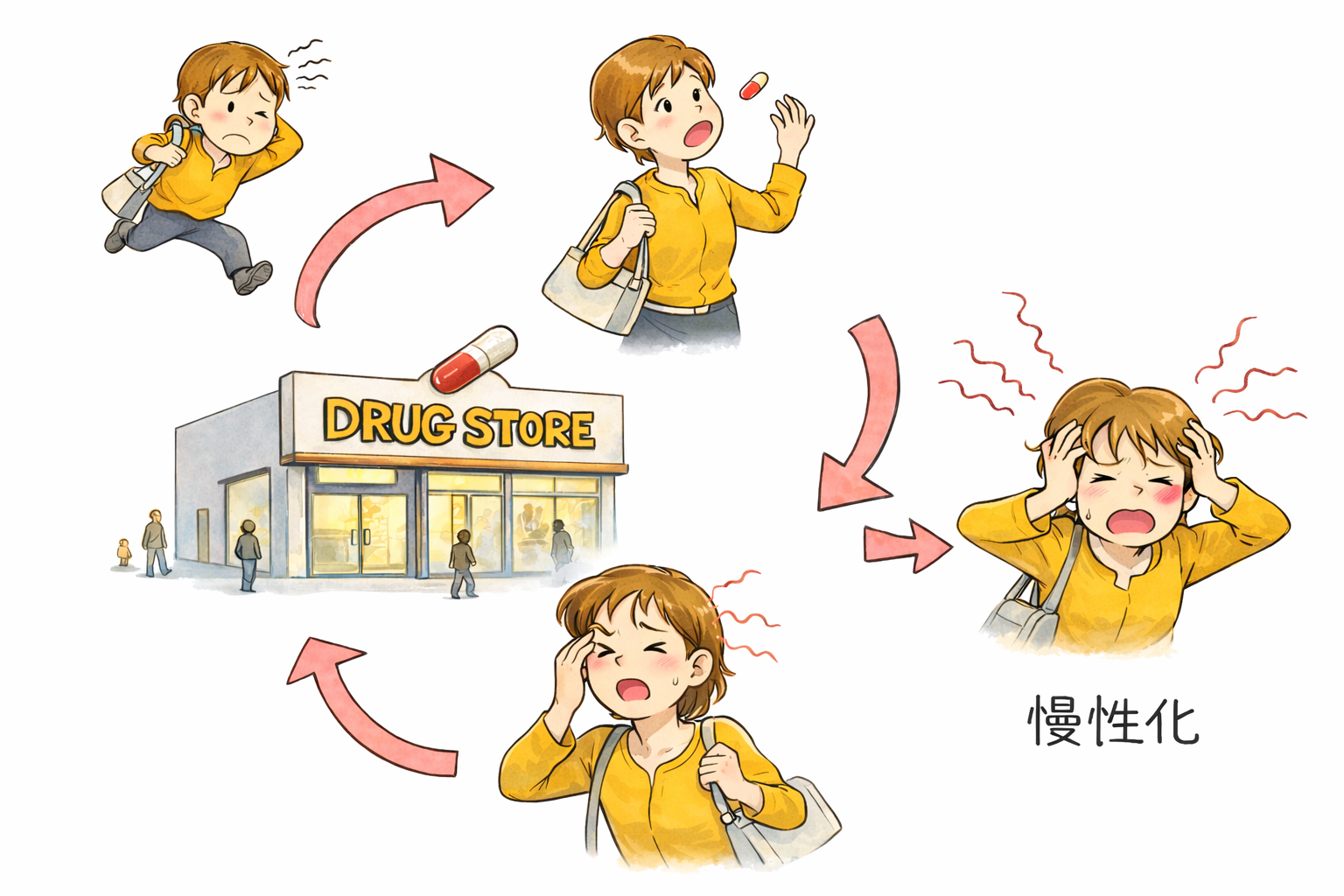 薬を常用することで頭痛が慢性化するイメージ