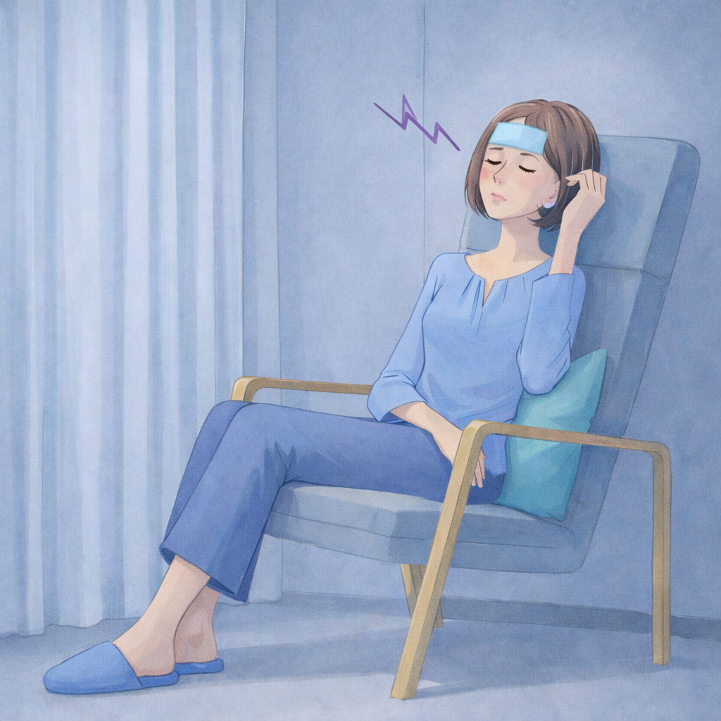 片頭痛のときに暗い部屋で安静にしている様子