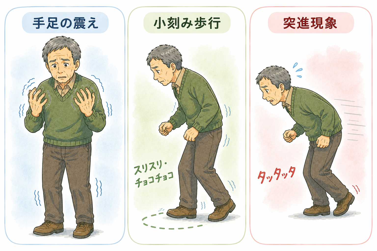 歩行障害や手足の震えを感じている男性のイラスト